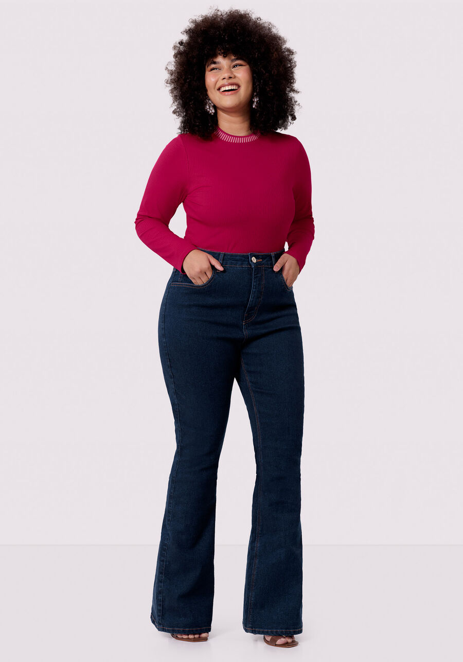 Blusa Manga Longa Plus Size Canelada com Retilínea, ROSA DRY ROSE. Blusa Manga Longa Plus Size Canelada com Retilínea, ROSA DRY ROSE, large.
