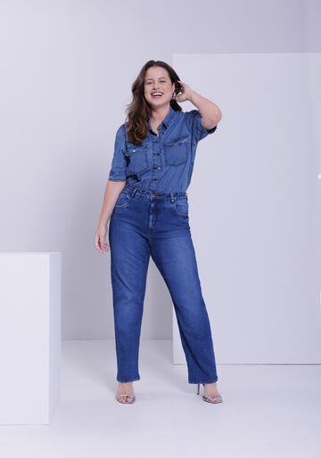 Camisa Jeans Plus Size Manga Curta com Bolso, JEANS. Camisa Jeans Plus Size Manga Curta com Bolso, JEANS, large.