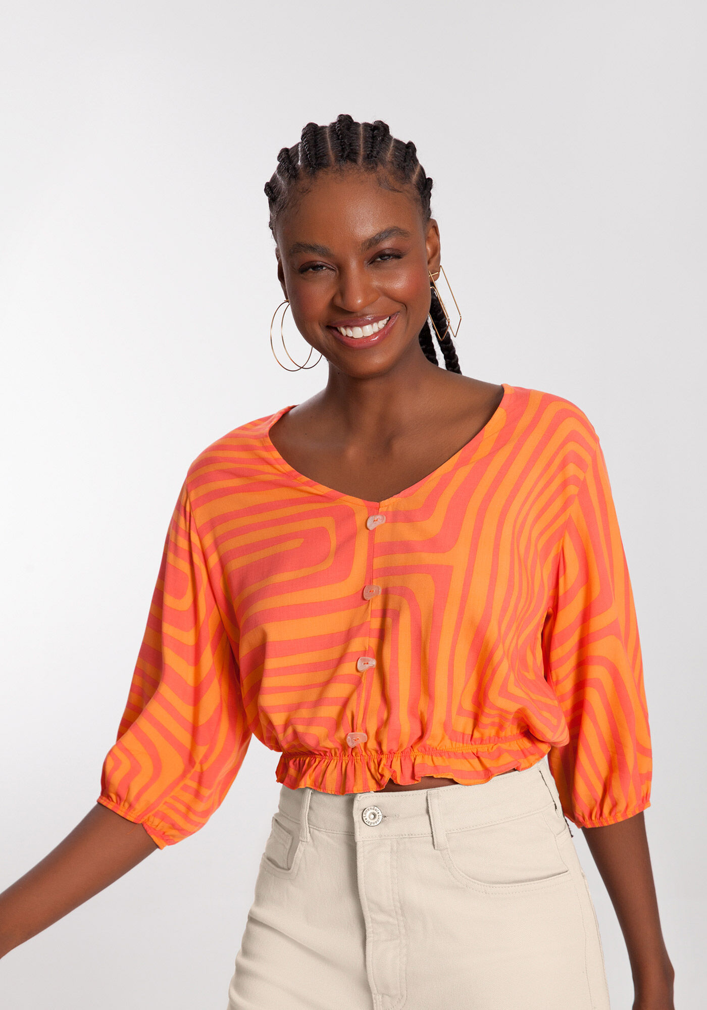 Blusa Cropped Estampada em Viscose com Elastico Lunender
