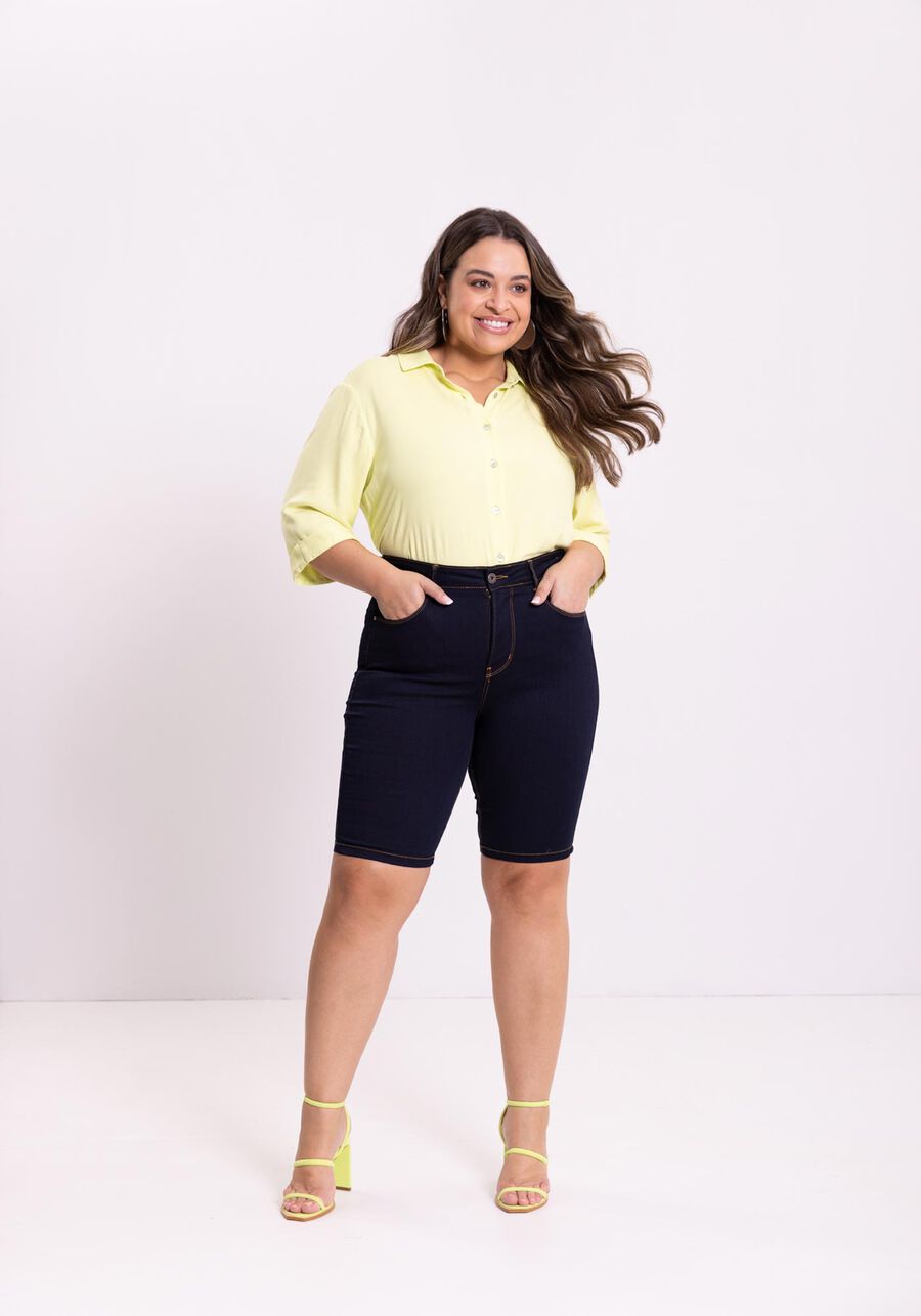 Bermuda Jeans Ciclista Chapa Barriga Com Cintura Média, JEANS. Bermuda Jeans Ciclista Chapa Barriga Com Cintura Média, JEANS, large.