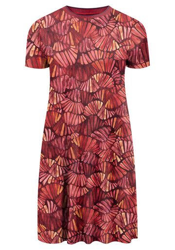 Vestido Curto Estampado Plus Size Com Gola Em Retilínea, CAPUCCINO VERMELHO. Vestido Curto Estampado Plus Size Com Gola Em Retilínea, CAPUCCINO VERMELHO, large.