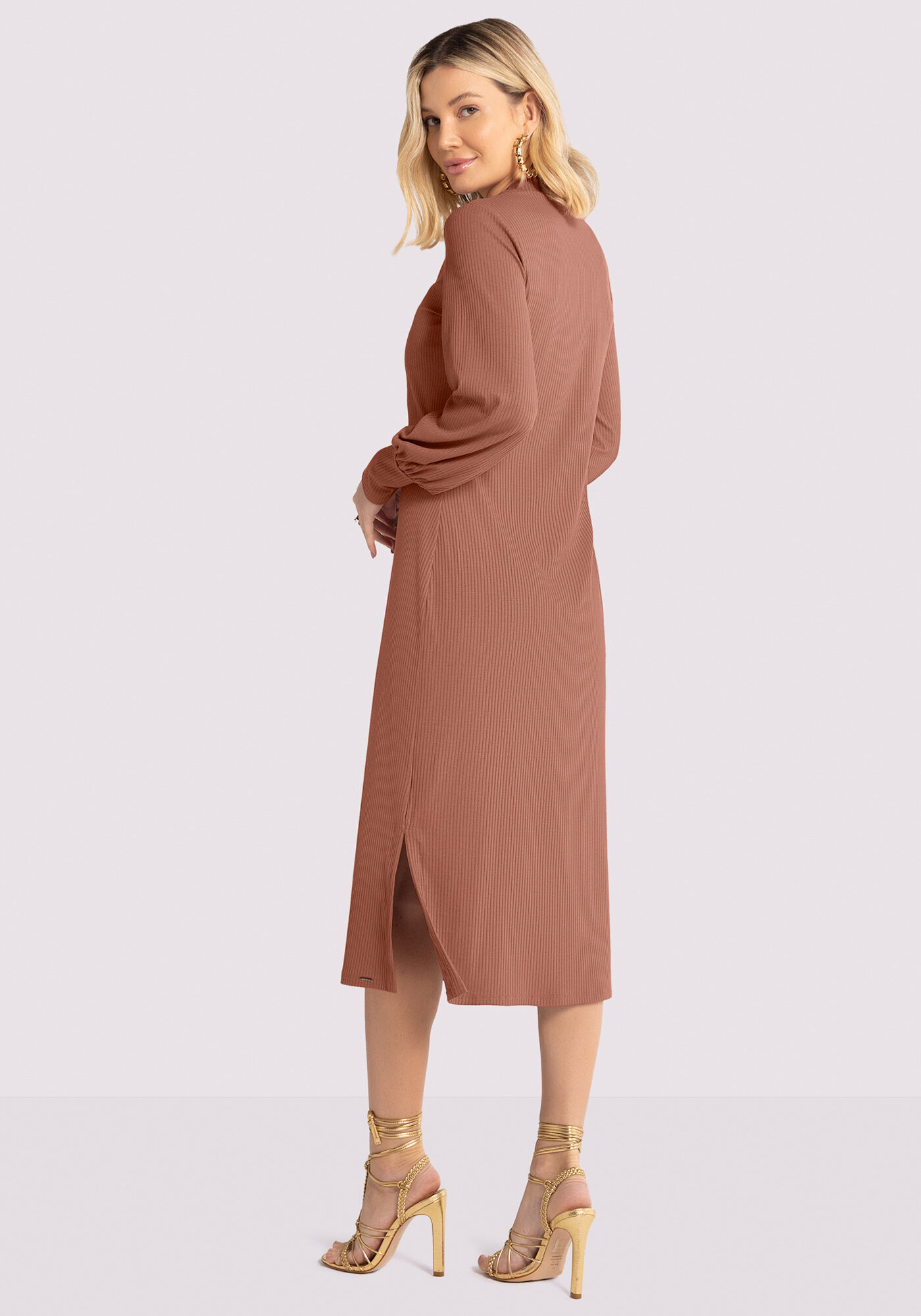 Vestido Midi Canelado com Manga Bufante, MARROM CHUTNEY, large.