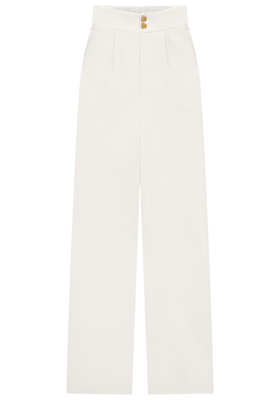 Calça Wide Leg em Linho com Bolsos, BRANCO OFF WHITE. Calça Wide Leg em Linho com Bolsos, BRANCO OFF WHITE, large.