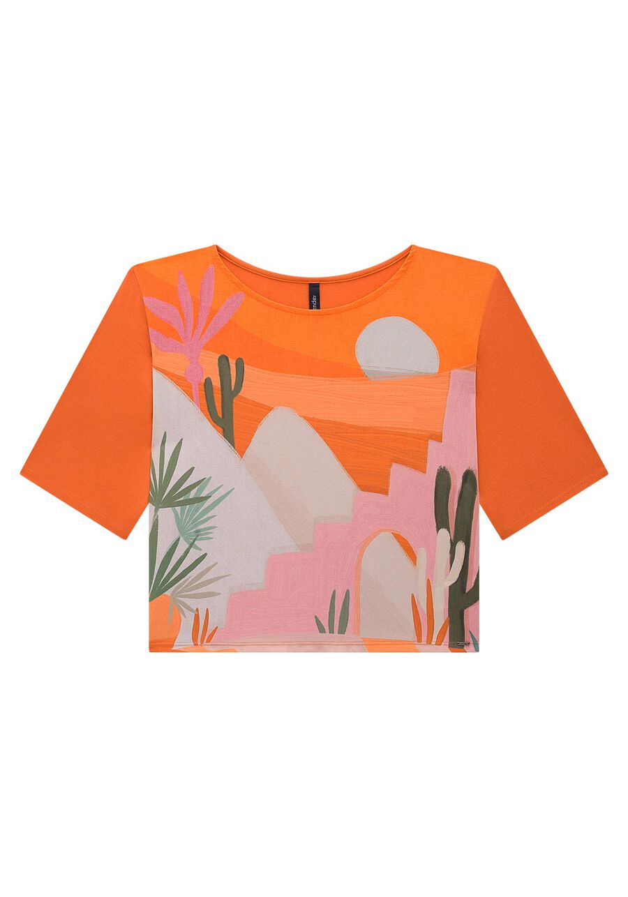 Blusa Cropped em Malha e Tecido Estampada, . Blusa Cropped em Malha e Tecido Estampada, , large.