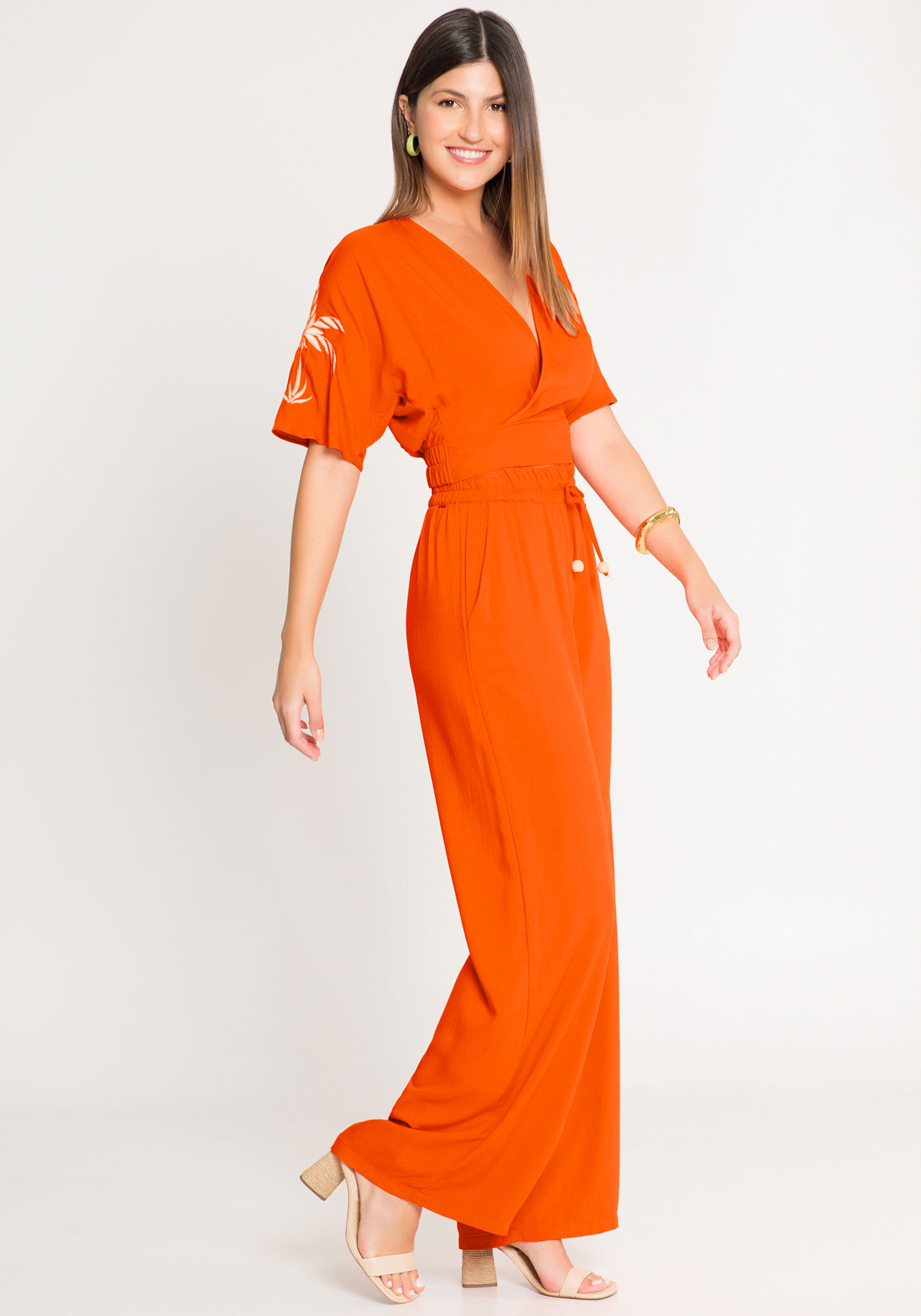 Blusa Cropped em Viscose com Bordado, LARANJA MAMAO, large.