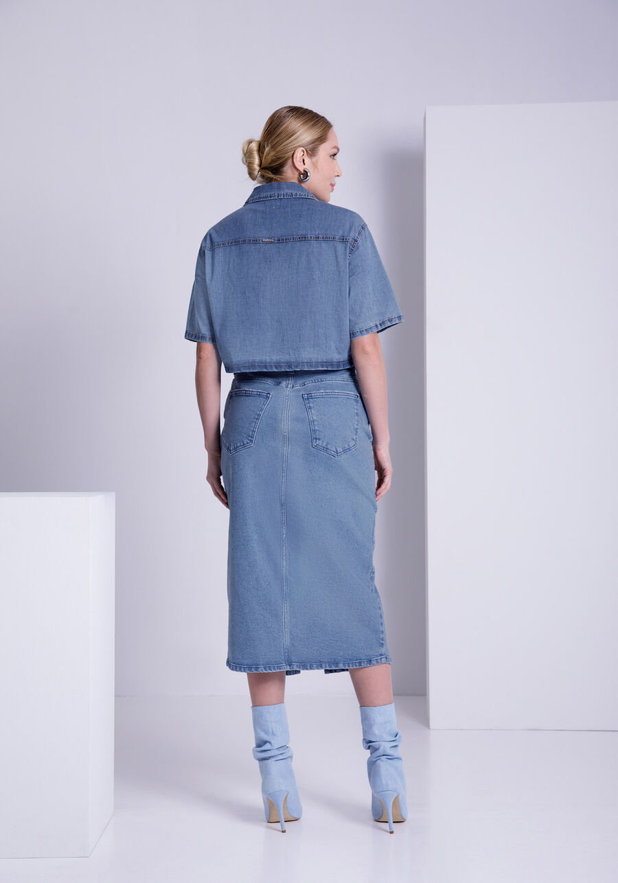 Camisa Jeans Cropped Manga Curta com Bolsos, . Camisa Jeans Cropped Manga Curta com Bolsos, , large.