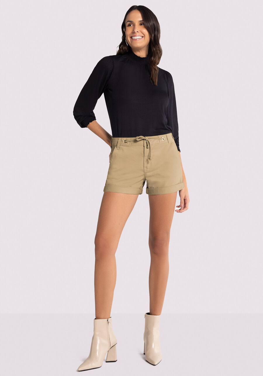 Shorts Boyfriend Em Sarja Com Elastano E Cadarço Funcional, BEGE SYSTEM. Shorts Boyfriend Em Sarja Com Elastano E Cadarço Funcional, BEGE SYSTEM, large.