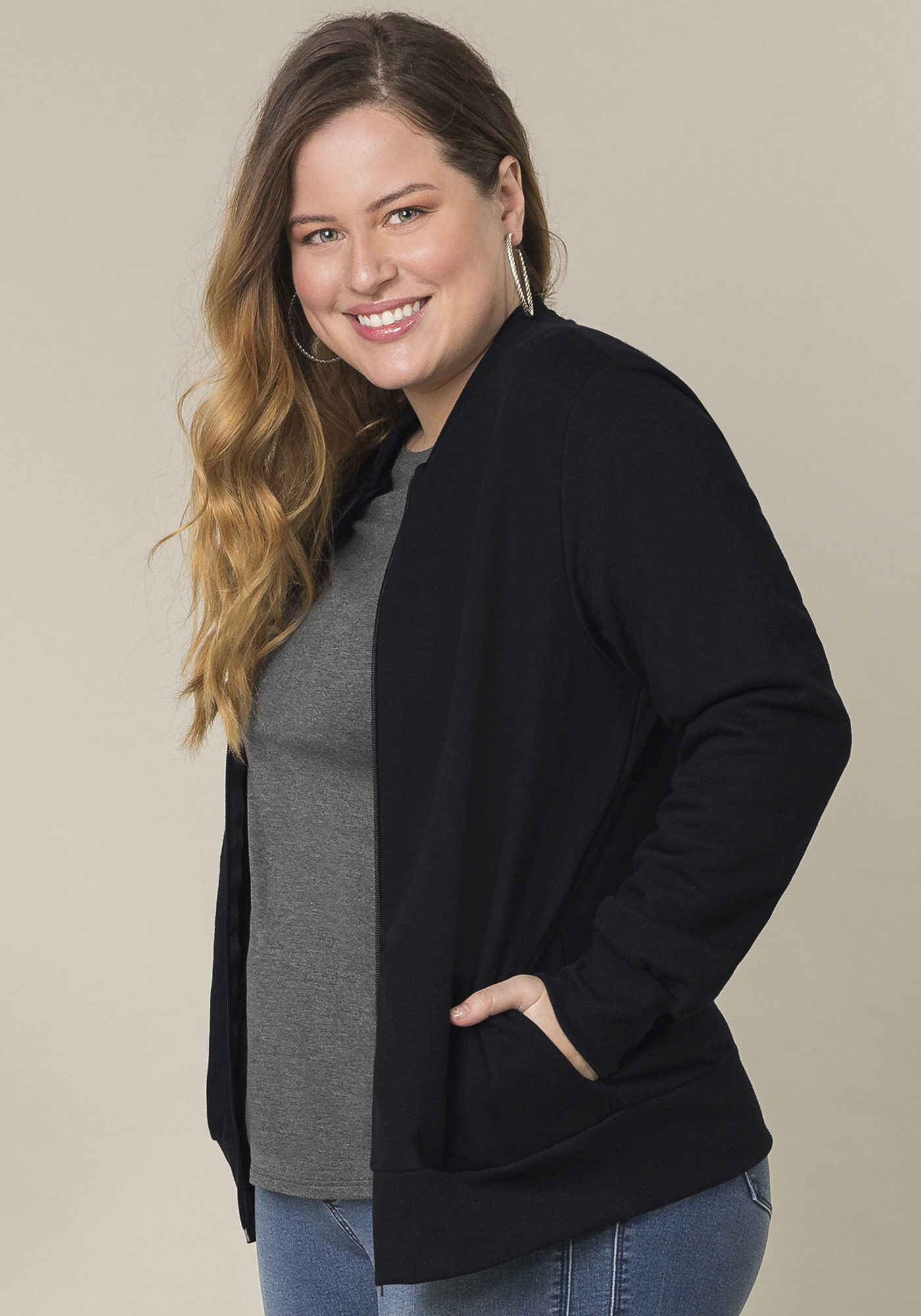 Jaqueta Plus Size Em Moletom Felpado De Algod&atilde;o Com Z&iacute;per, PRETO REATIVO, large.