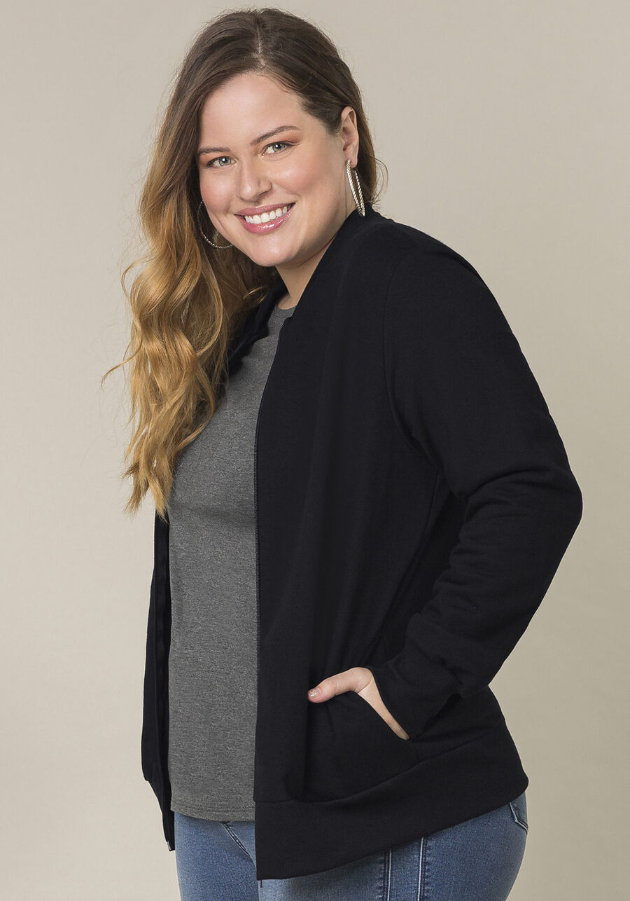 Jaqueta Plus Size Em Moletom Felpado De Algodão Com Zíper, . Jaqueta Plus Size Em Moletom Felpado De Algodão Com Zíper, , large.
