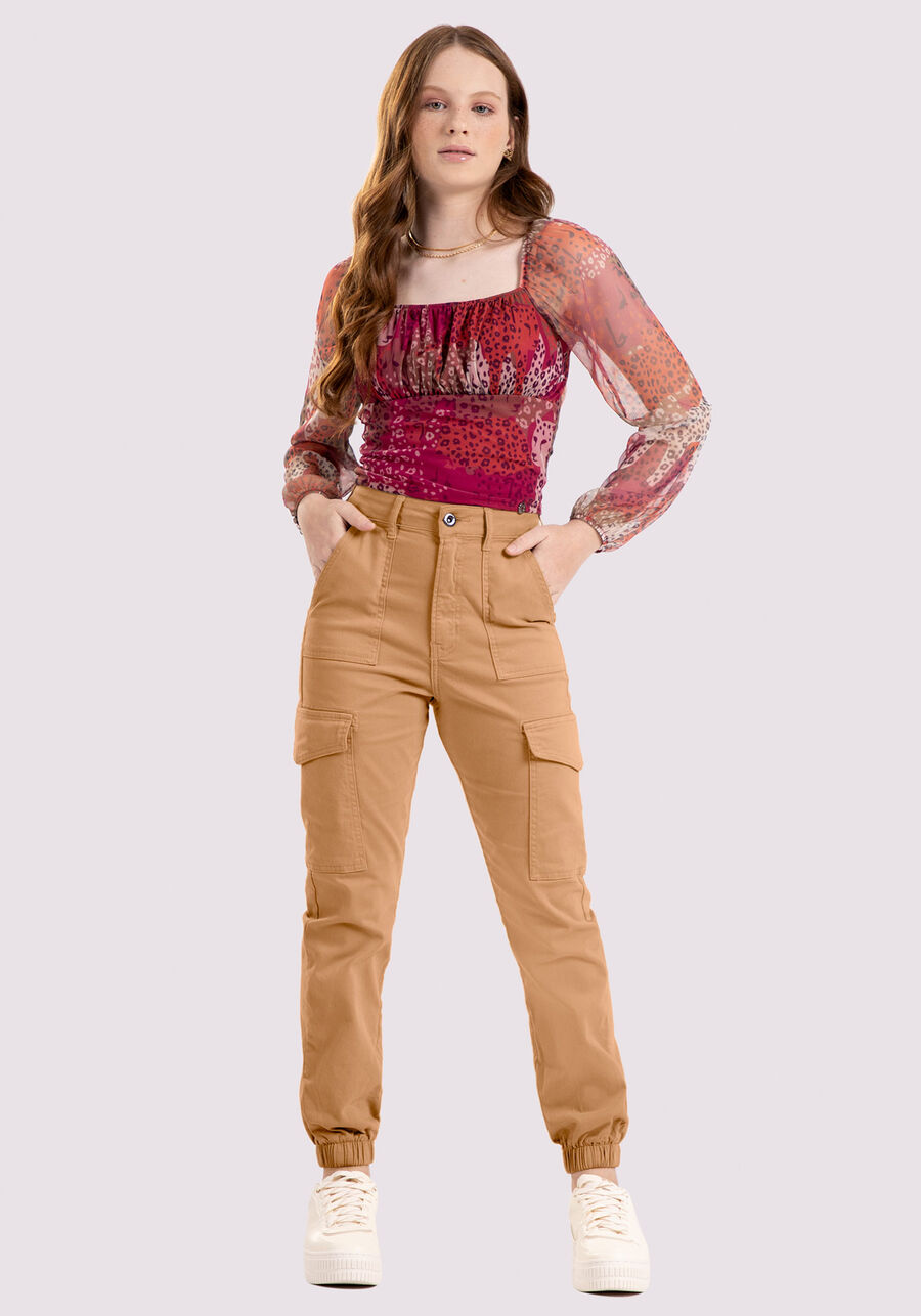 Blusa Cropped Juvenil Estampada com Mangas Tule, JUNGLE VERMELHO. Blusa Cropped Juvenil Estampada com Mangas Tule, JUNGLE VERMELHO, large.