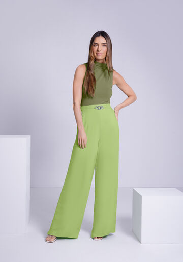 Calça Wide Leg em Viscose com Detalhe Cós, VERDE CIMENS. Calça Wide Leg em Viscose com Detalhe Cós, VERDE CIMENS, large.