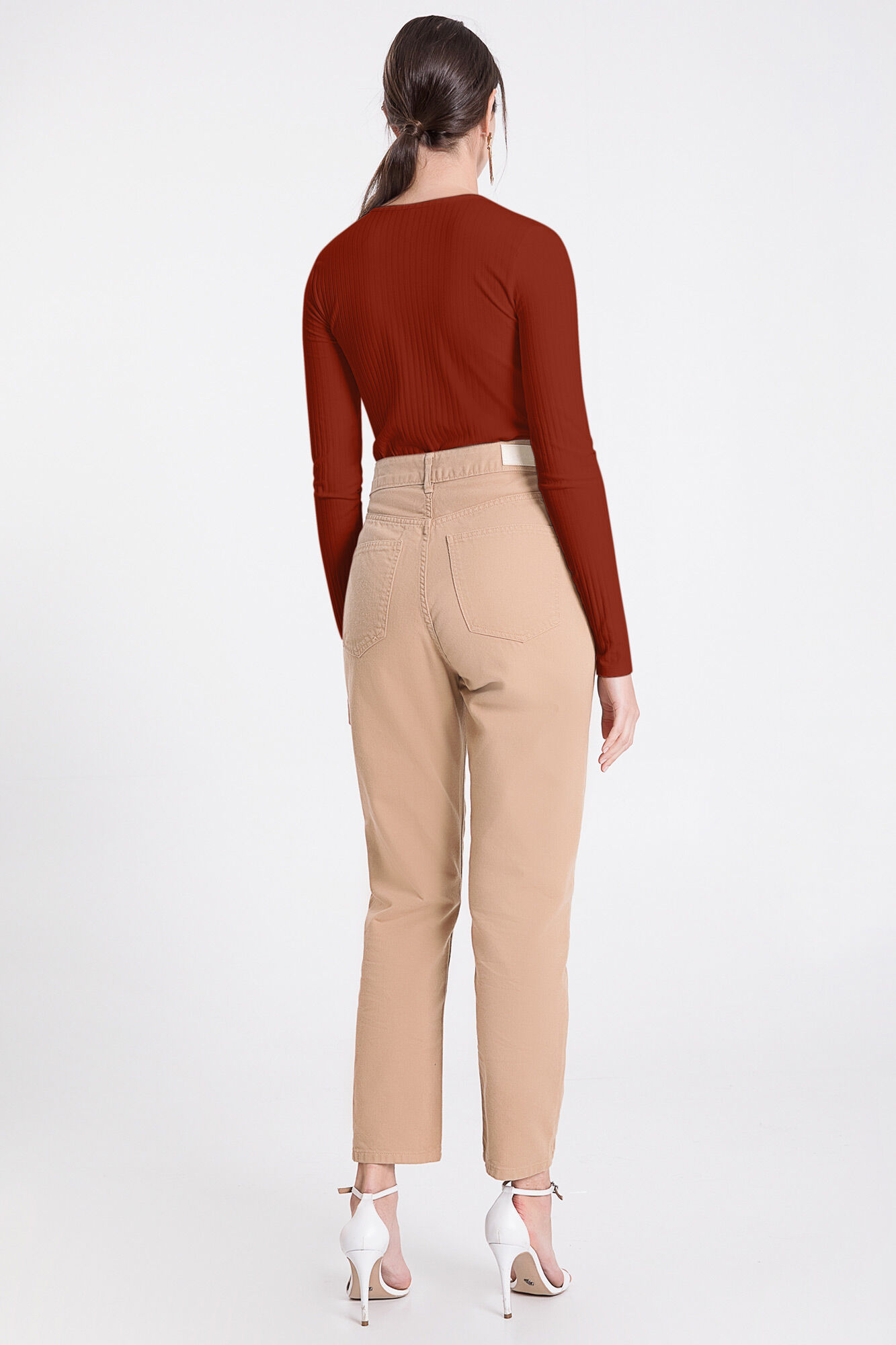 Blusa De Malha Canelada Com Mangas Longas E Decote Em V, , large.