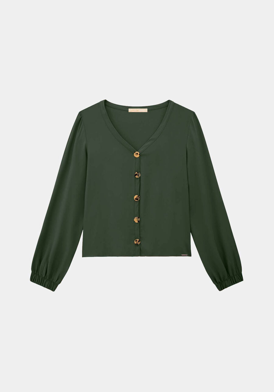 Camisa Manga Longa em Viscose com Detalhe Botões, VERDE GOLF. Camisa Manga Longa em Viscose com Detalhe Botões, VERDE GOLF, large.