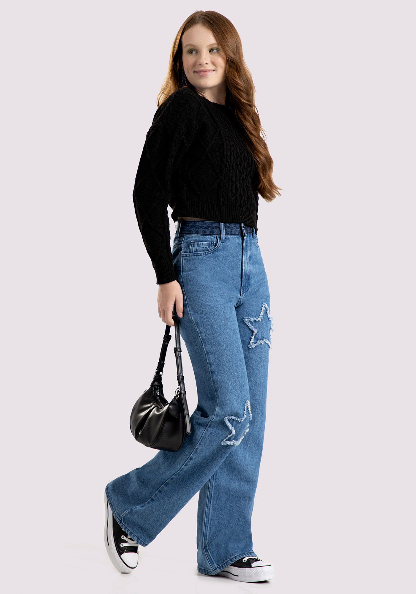 Blus&atilde;o Cropped Juvenil em Tric&ocirc;, PRETO REATIVO, large.