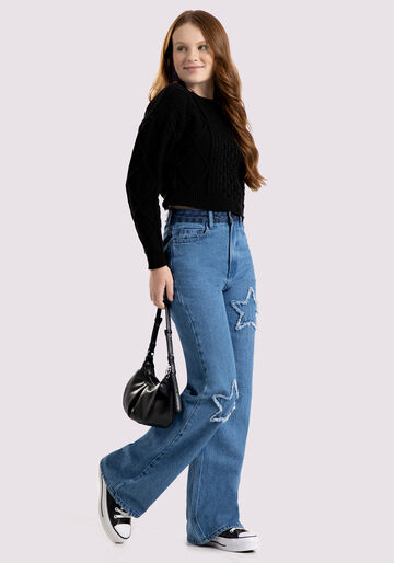 Blusão Cropped Juvenil em Tricô, PRETO REATIVO. Blusão Cropped Juvenil em Tricô, PRETO REATIVO, large.