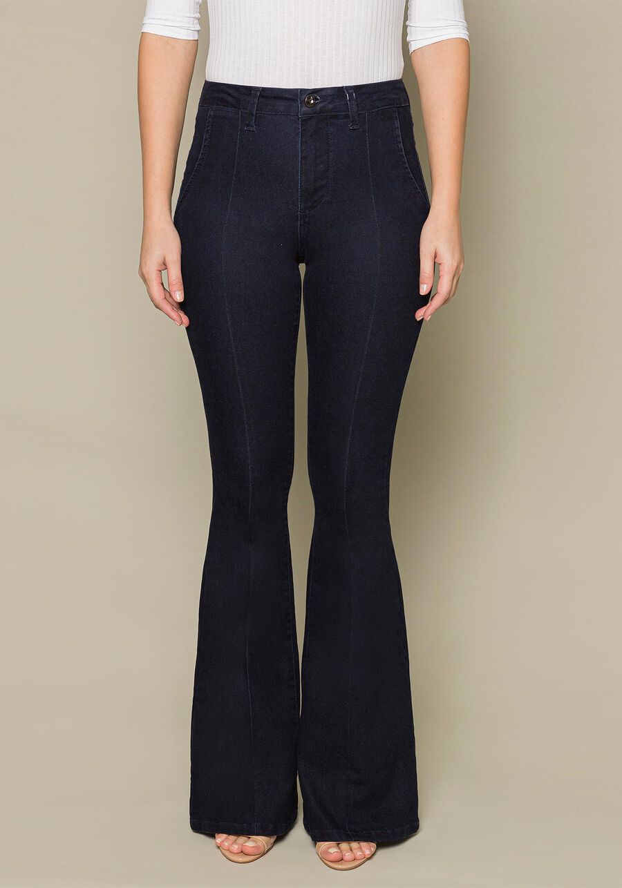 Calça Flare com Elastano, JEANS ESCURO. Calça Flare com Elastano, JEANS ESCURO, large.