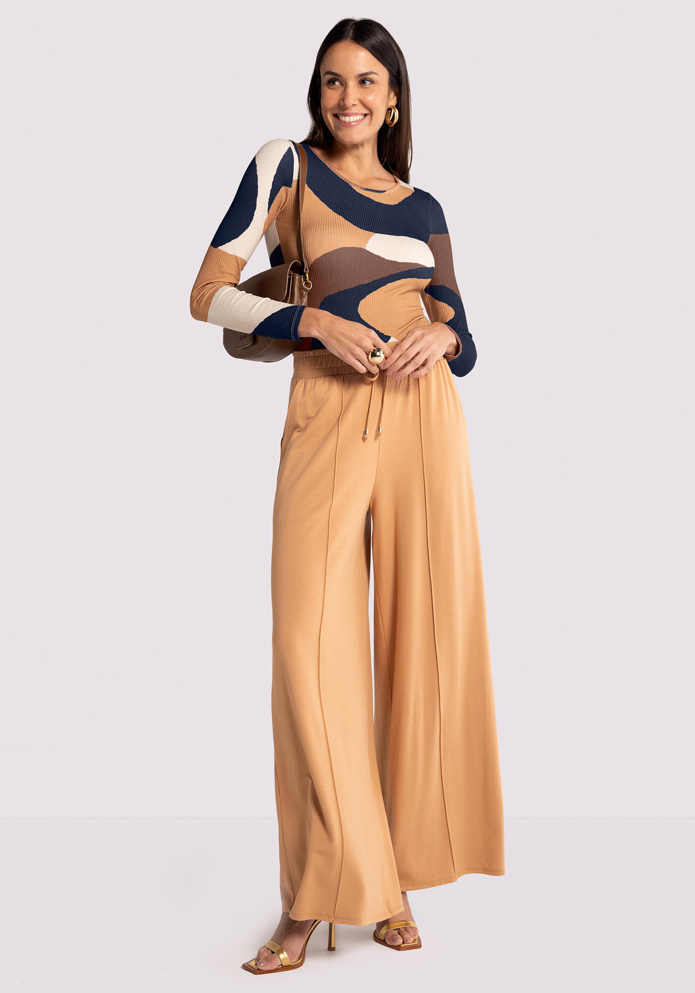 Cal&ccedil;a Pantalona em Moletom MVS com Bolsos, BEGE CAMEL LIGHT, large.