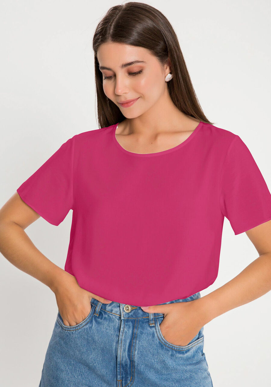 Blusa Lisa Básica De Mangas Curtas Em Tecido Leve, . Blusa Lisa Básica De Mangas Curtas Em Tecido Leve, , large.