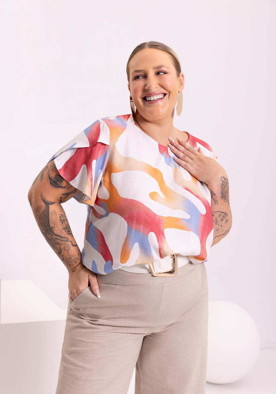 Blusa Fluida Estampada Manga Curta Em Viscose Responsável, . Blusa Fluida Estampada Manga Curta Em Viscose Responsável, , large.