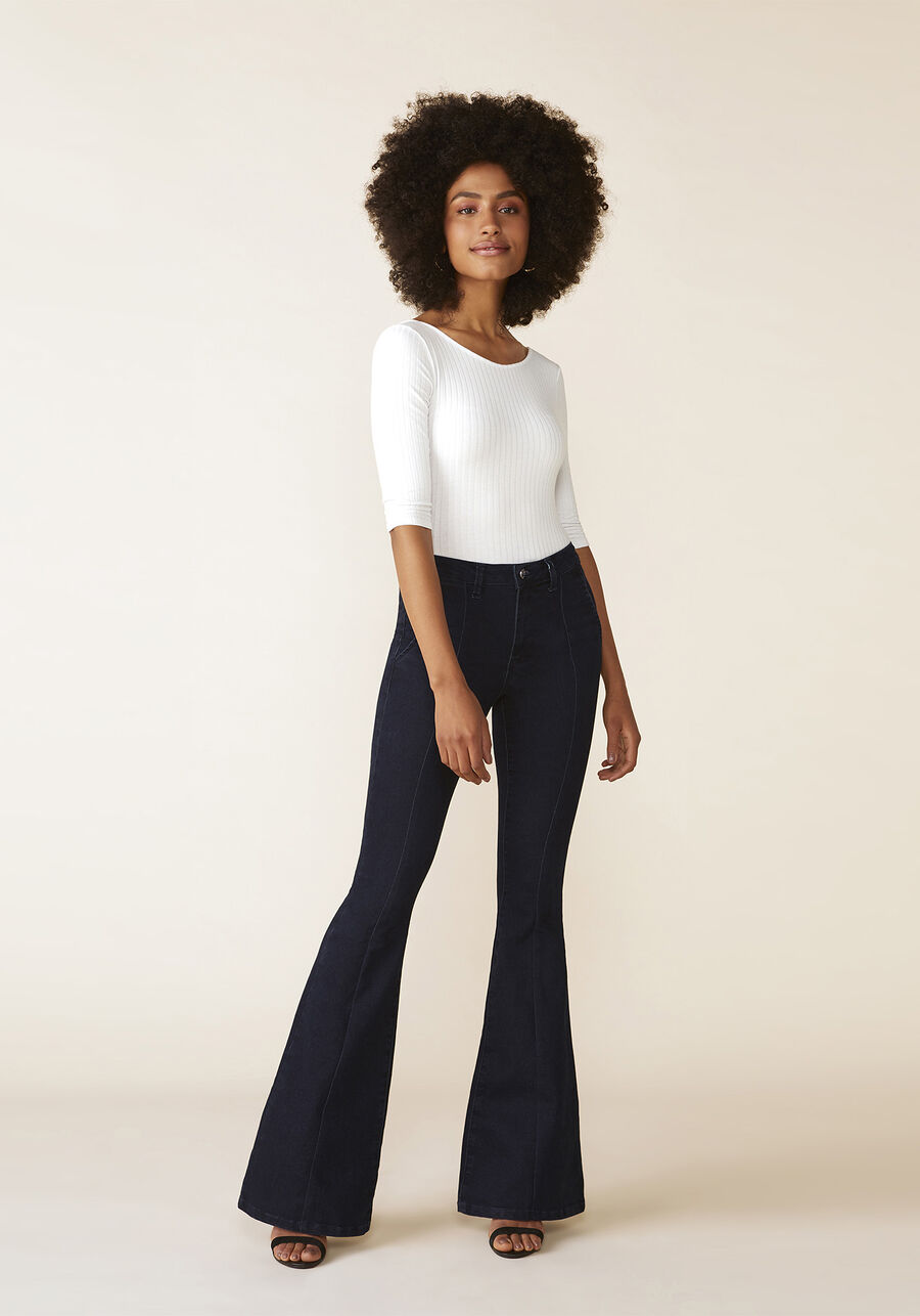 Calça Flare com Elastano, JEANS ESCURO. Calça Flare com Elastano, JEANS ESCURO, large.