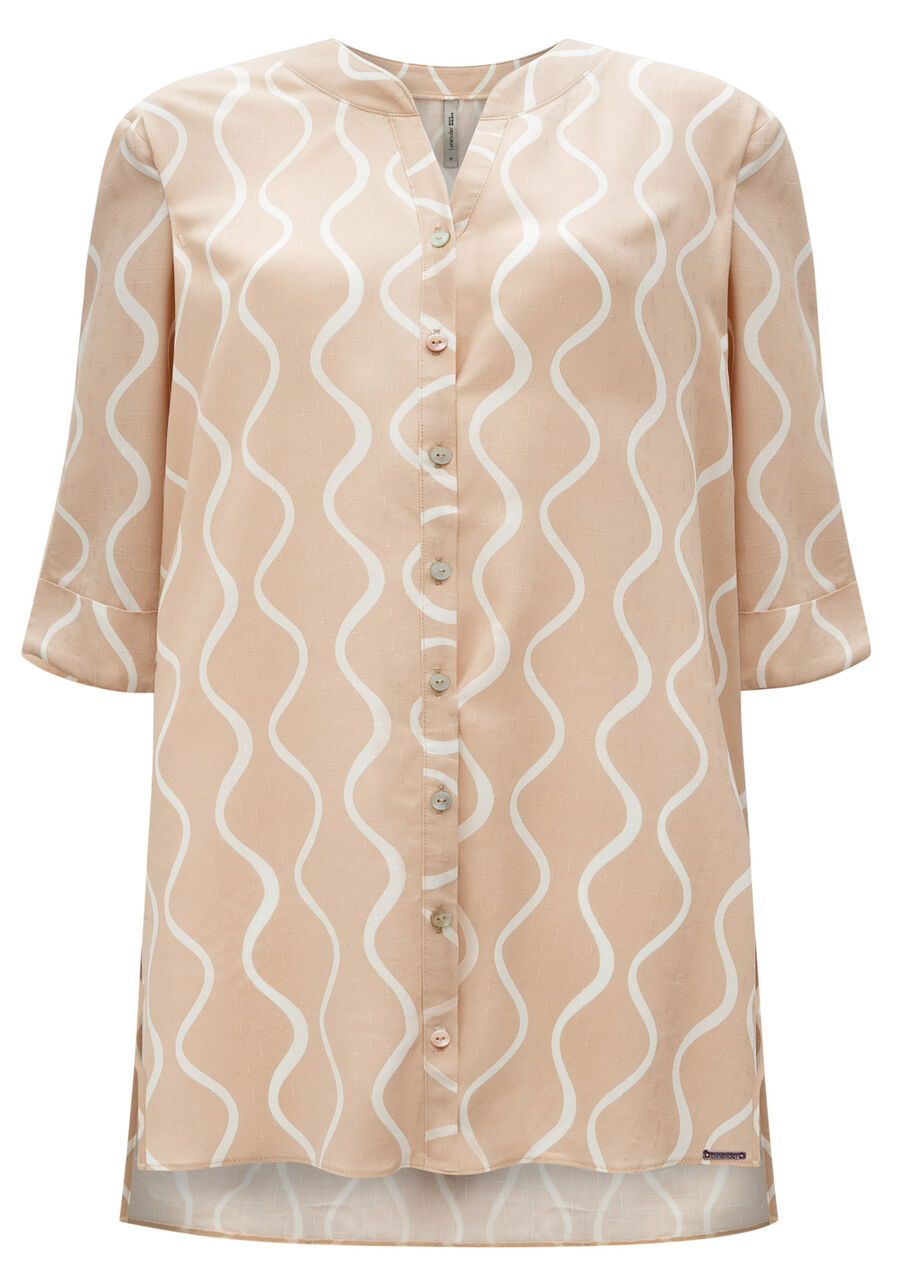 Camisa Alongada de Mangas Médias Com Gola Padre Em Viscose, SIMPLICIDADE MARROM. Camisa Alongada de Mangas Médias Com Gola Padre Em Viscose, SIMPLICIDADE MARROM, large.