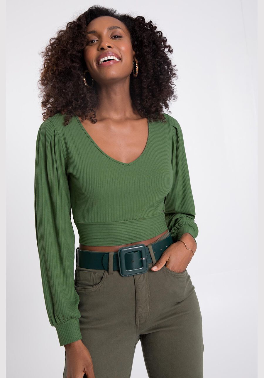 Blusa Cropped Canelada com Manga Bufante, VERDE NATIVE. Blusa Cropped Canelada com Manga Bufante, VERDE NATIVE, large.