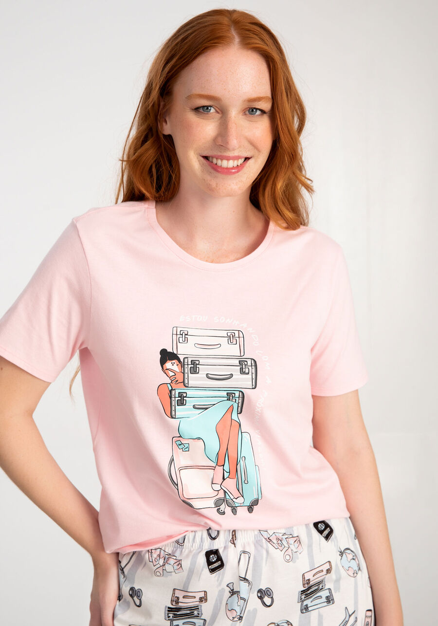 Pijama Estampado em Malha com T-shirt e Shorts, , large.