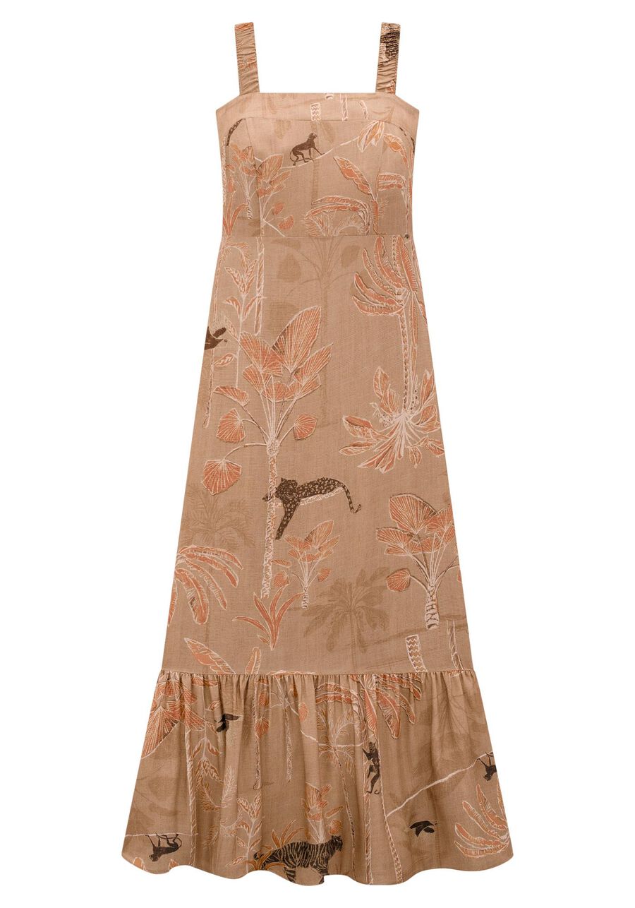 Vestido Midi Estampado em Viscose com Babado, AMAZONIA MARROM. Vestido Midi Estampado em Viscose com Babado, AMAZONIA MARROM, large.