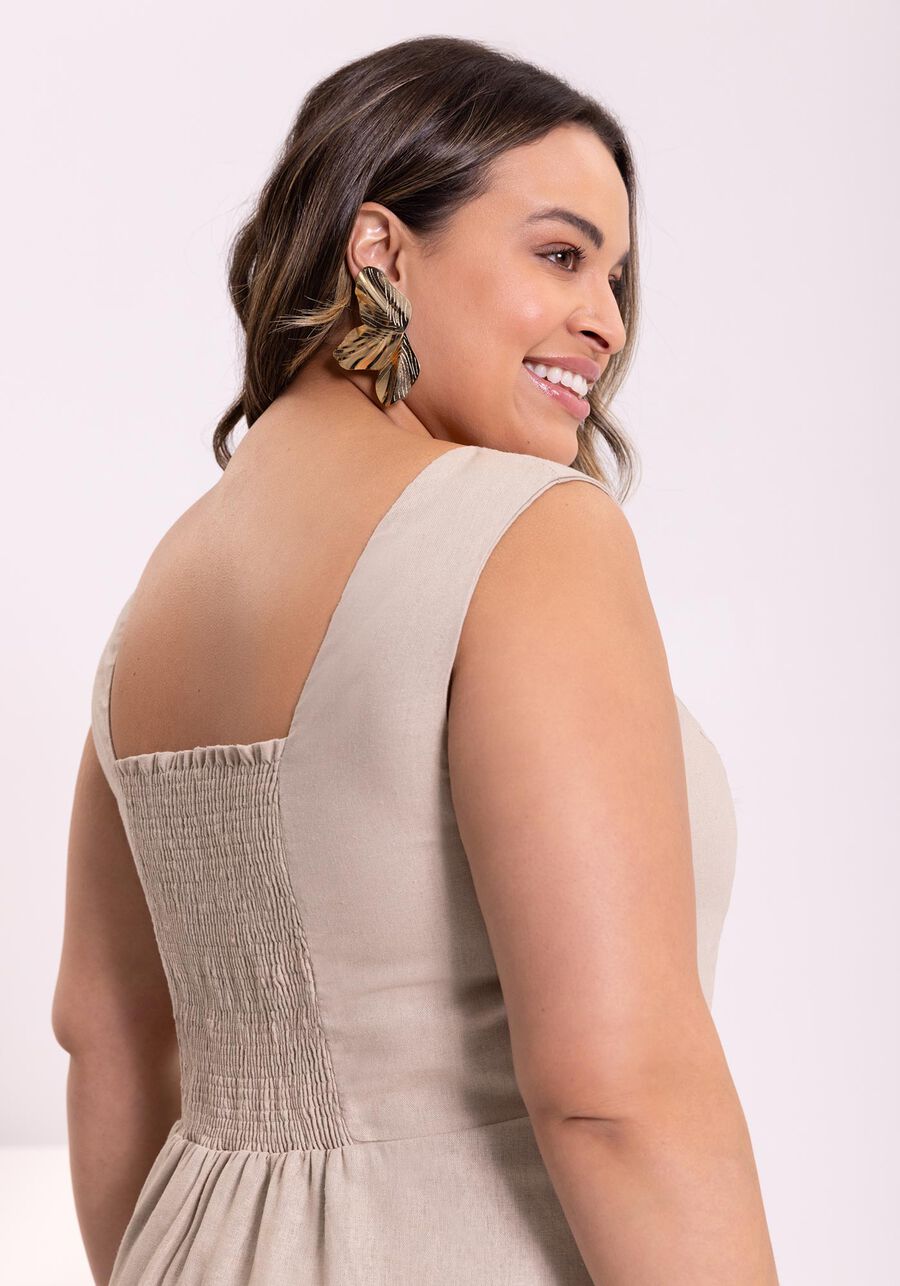 Vestido Midi Chá Com Alças Largas E Decote Em V Tecido Linho, . Vestido Midi Chá Com Alças Largas E Decote Em V Tecido Linho, , large.