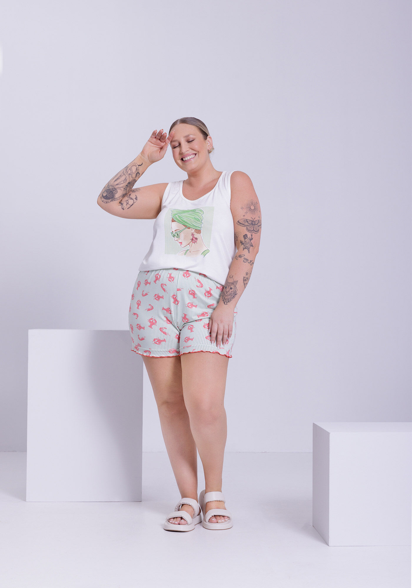 Pijama Curto Plus Size Estampado com Regata e Shorts, LOBSTER VERDE, large.