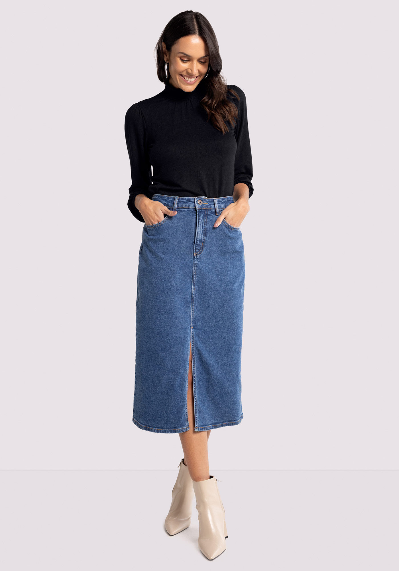 Saia Midi Jeans Chapa Barriga com Fenda Lunender