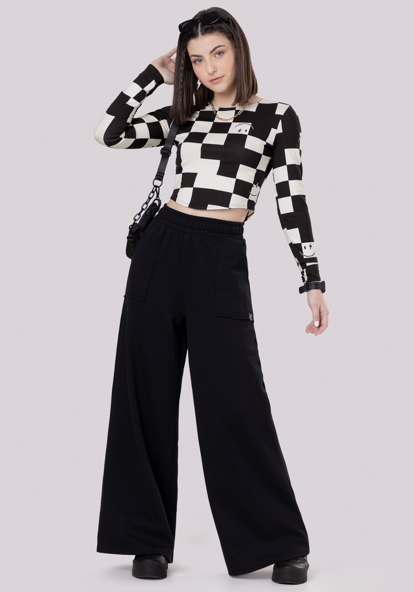 Blusa Manga Longa Juvenil com Estampa Grid, FUNNY GRID PRETO, large.