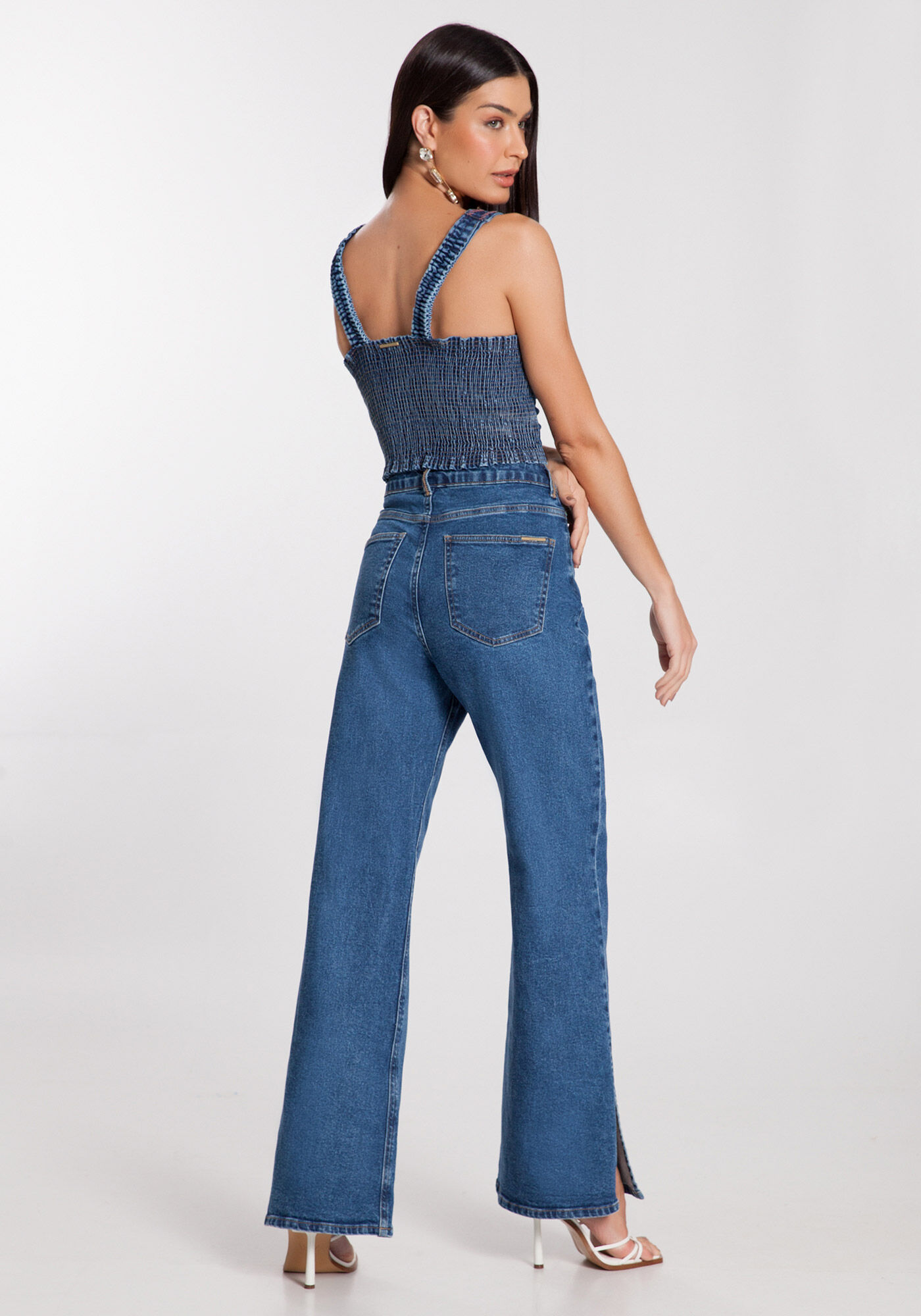 Blusa Jeans Cropped com Bordado e Lastex Lunender