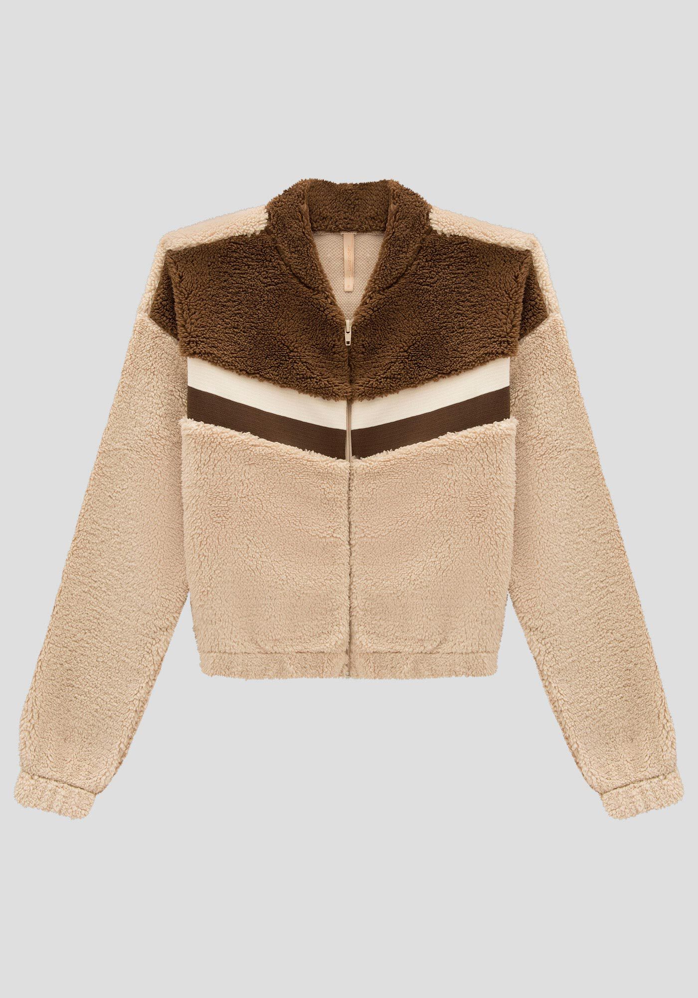 Jaqueta Cropped em Pelo Carneirinho com Retil&iacute;nea, BEGE SERGE, large.