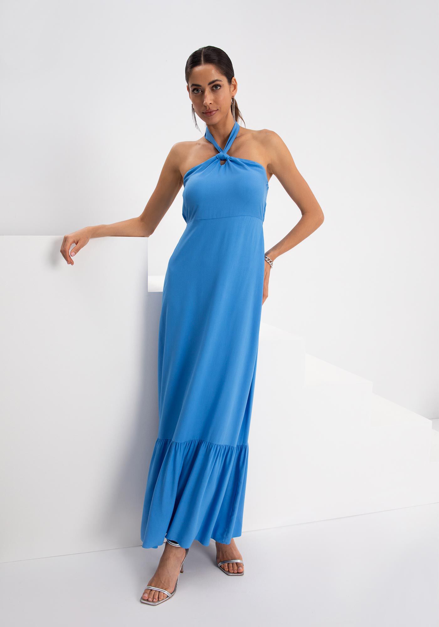 Vestido Longo Frente &Uacute;nica Com Babado Na Barra Em Viscose, AZUL CARIBE, large.