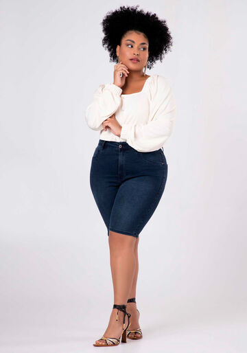 Bermuda Jeans Ciclista Com Bolsos E Elastano Fit For Me, JEANS ESCURO. Bermuda Jeans Ciclista Com Bolsos E Elastano Fit For Me, JEANS ESCURO, large.