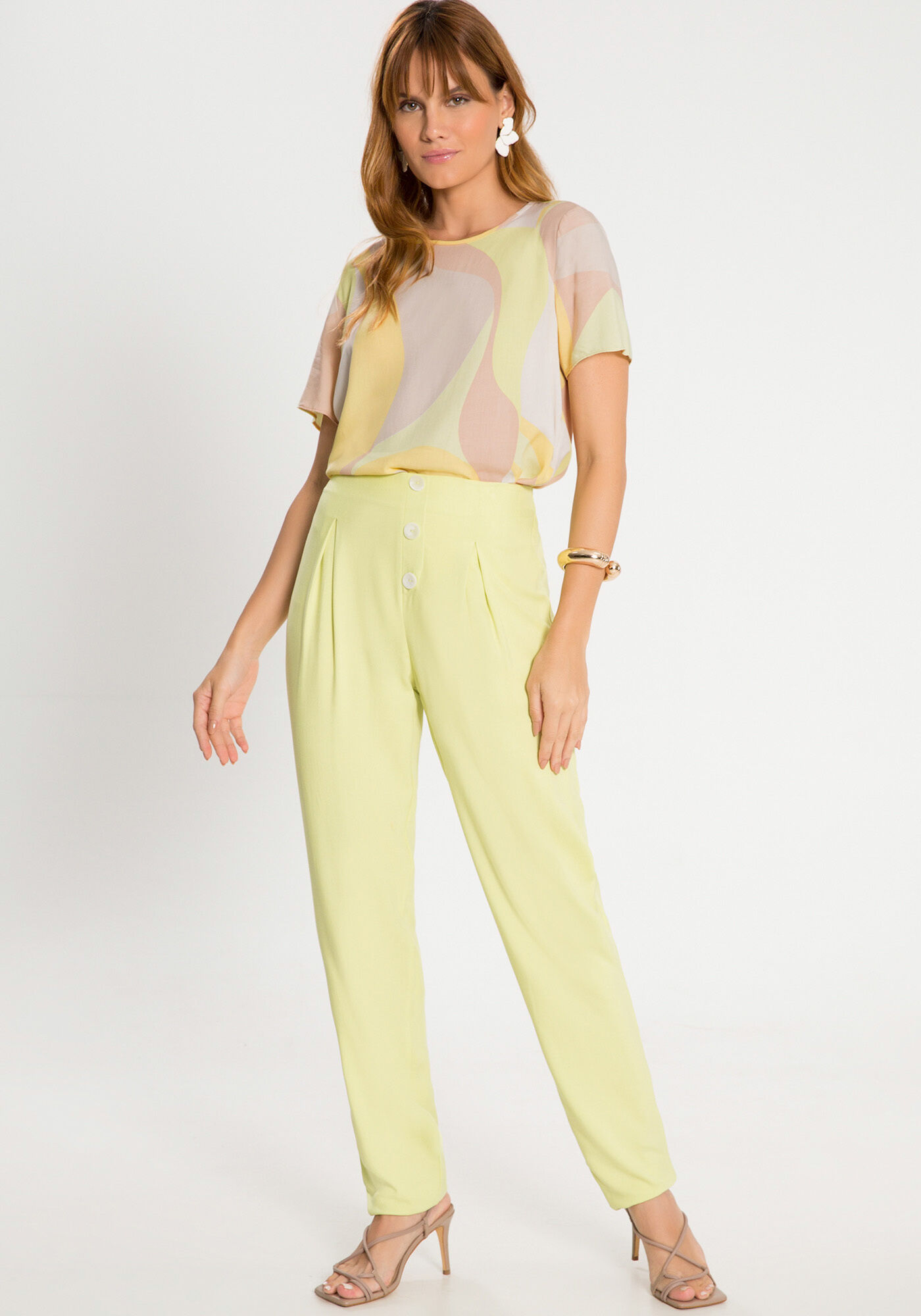 Blusa Manga Curta em Viscose Estampada, AREIA BEGE, large.