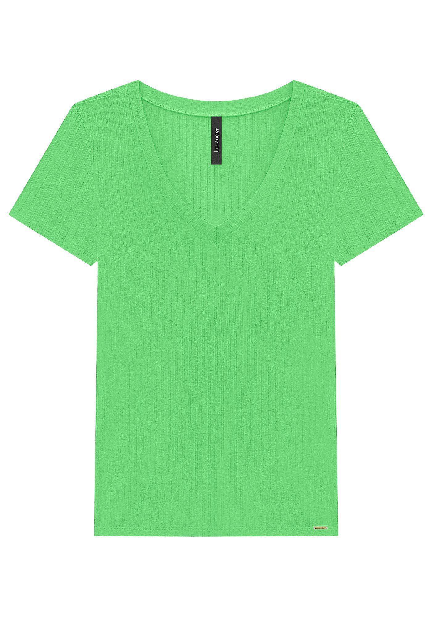 Blusa B&aacute;sica De Mangas Curtas Em Malha Canelada, VERDE JADE, large.