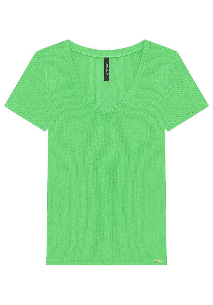 Blusa Básica De Mangas Curtas Em Malha Canelada, VERDE JADE. Blusa Básica De Mangas Curtas Em Malha Canelada, VERDE JADE, large.