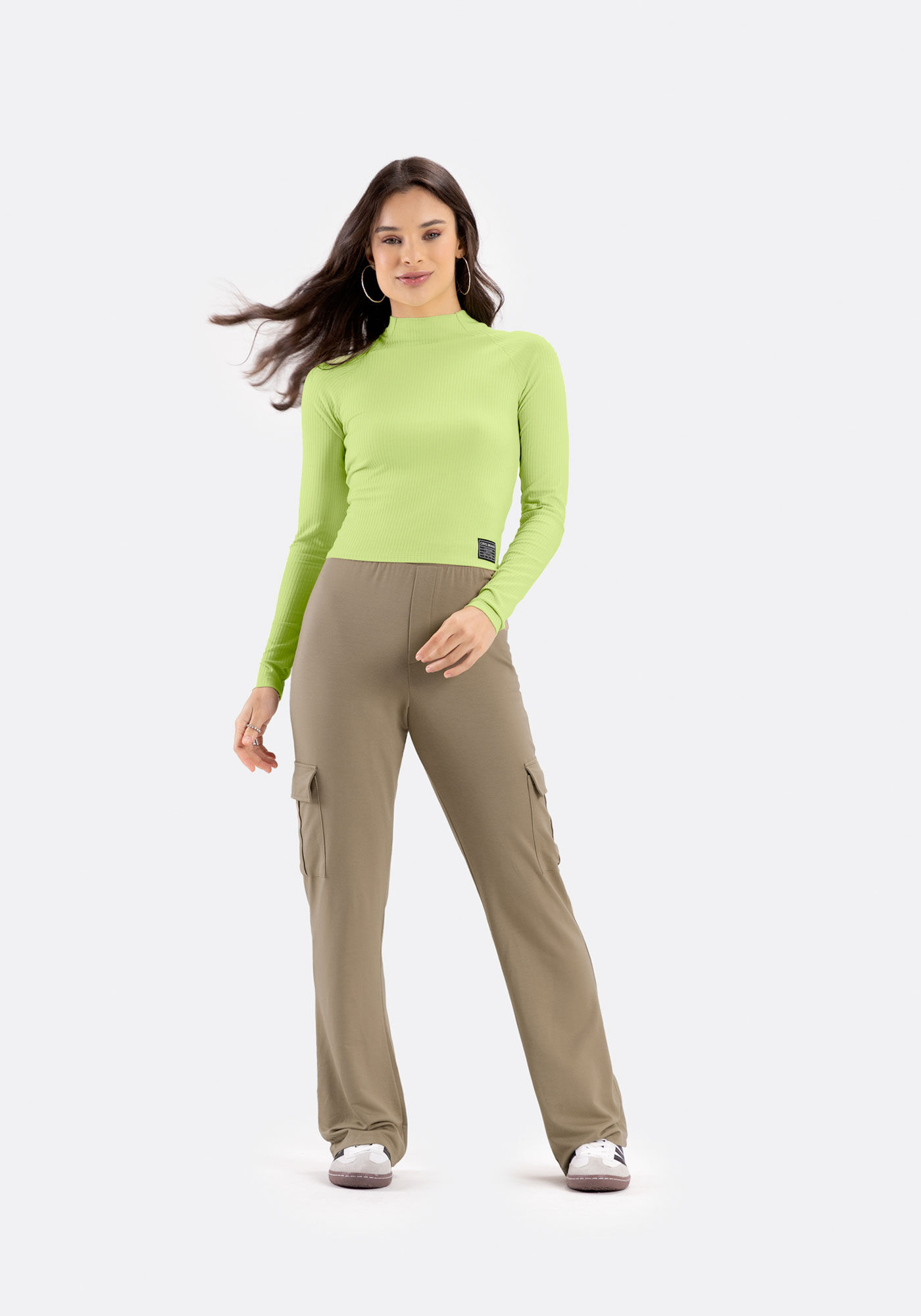 Blusa De Mangas Longas Em Malha Canelada Juvenil, VERDE NAMIBIA, large.