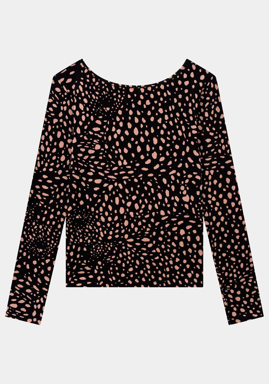 Blusa Estampada Canelada com Decote Frente e Costas, FELINE PRETO. Blusa Estampada Canelada com Decote Frente e Costas, FELINE PRETO, large.