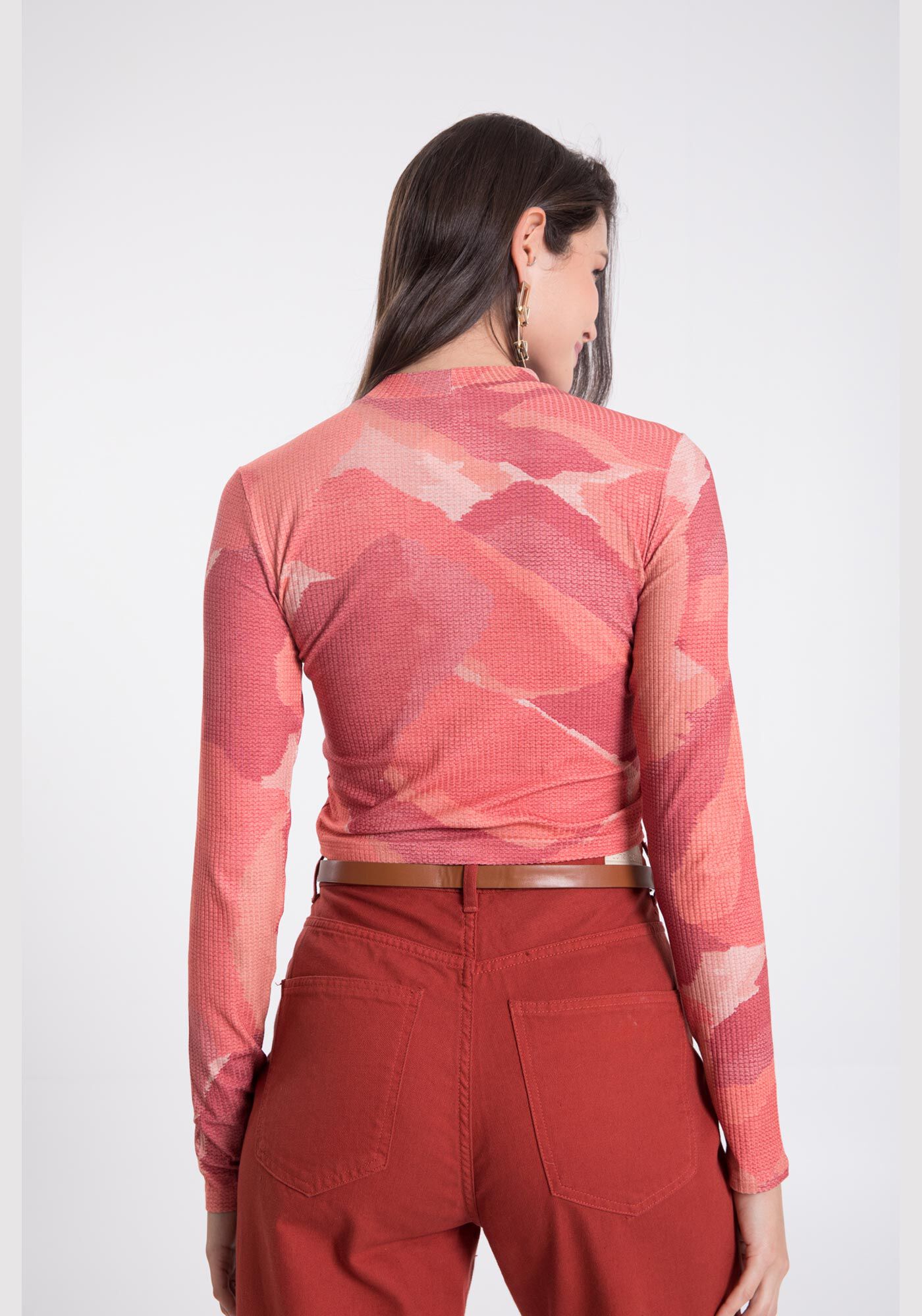Blusa Cropped Manga Longa Canelada Estampada, , large.