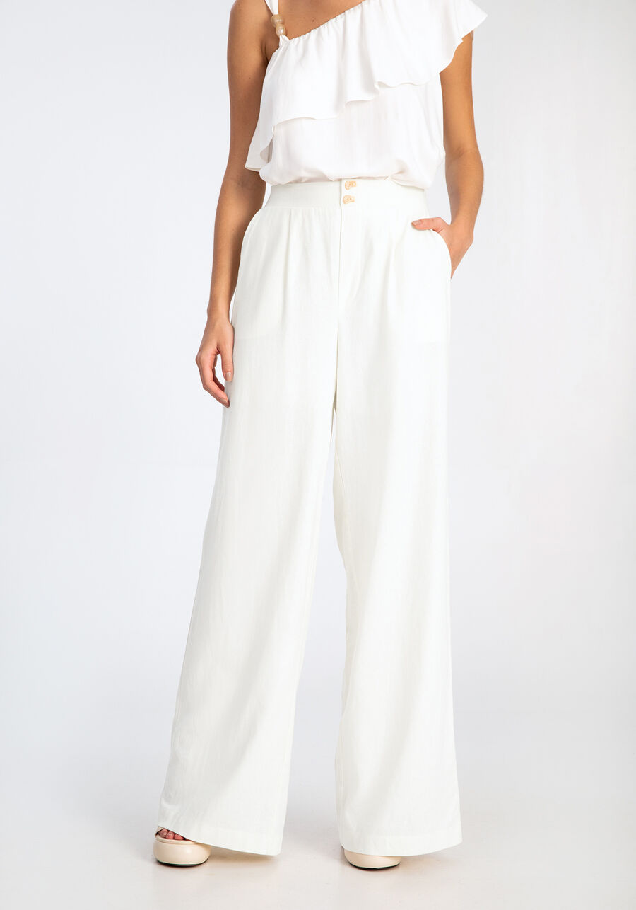 Calça Wide Leg em Linho com Bolsos, BRANCO OFF WHITE. Calça Wide Leg em Linho com Bolsos, BRANCO OFF WHITE, large.