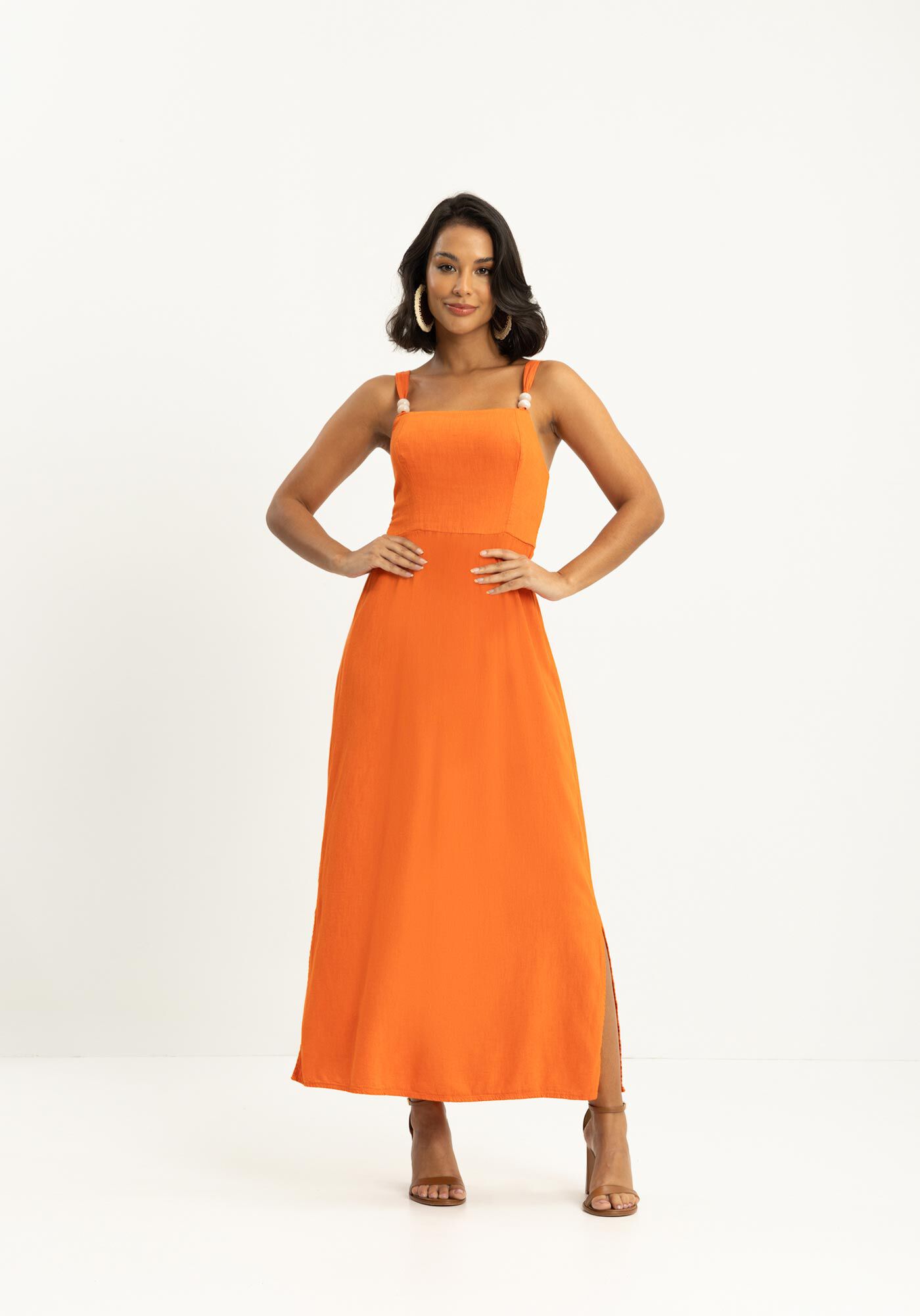 Vestido Longo De Al&ccedil;as Em Linho Com El&aacute;stico Posterior, , large.