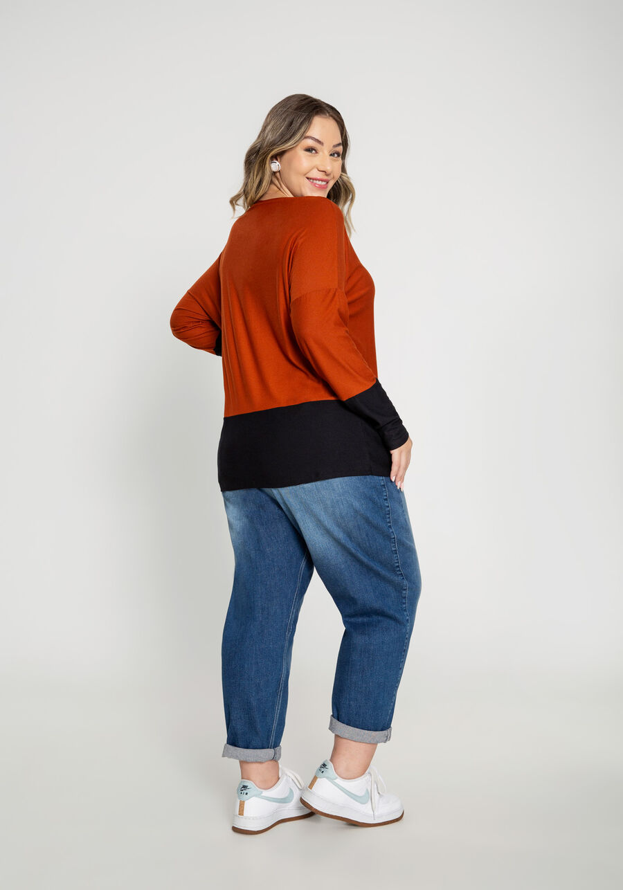 Blusa Manga Longa em Malha Bicolor Plus Size, . Blusa Manga Longa em Malha Bicolor Plus Size, , large.