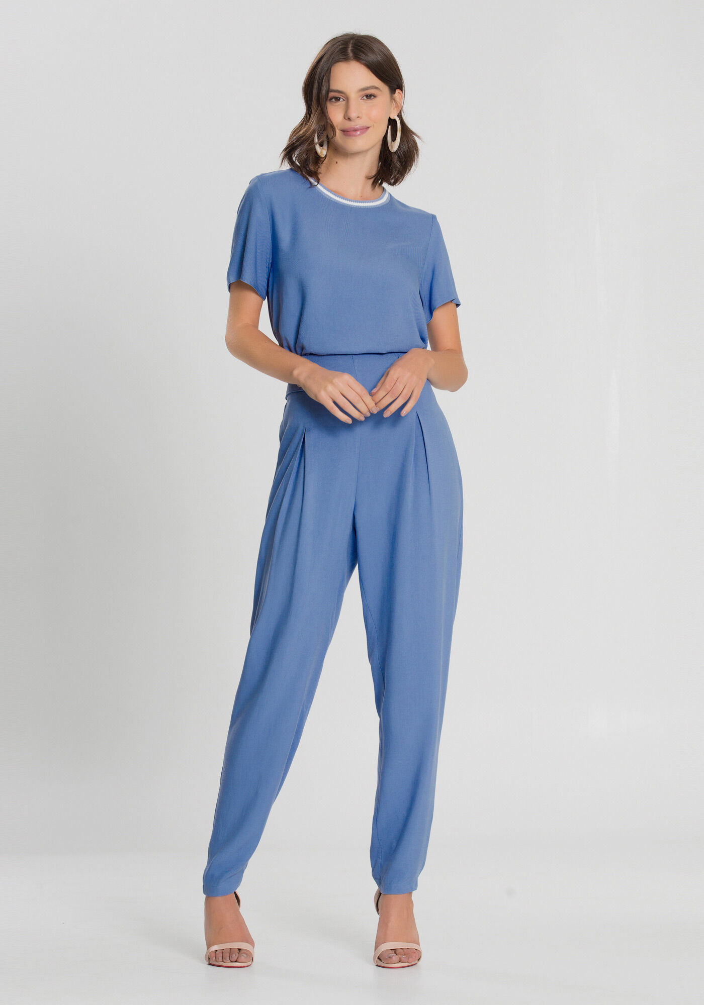 Blusa Tecido Rayon com Retil&iacute;nea, AZUL TRUE, large.