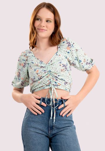 Blusa Cropped Juvenil Estampada com Franzido, BUTTERFLY VERDE. Blusa Cropped Juvenil Estampada com Franzido, BUTTERFLY VERDE, large.