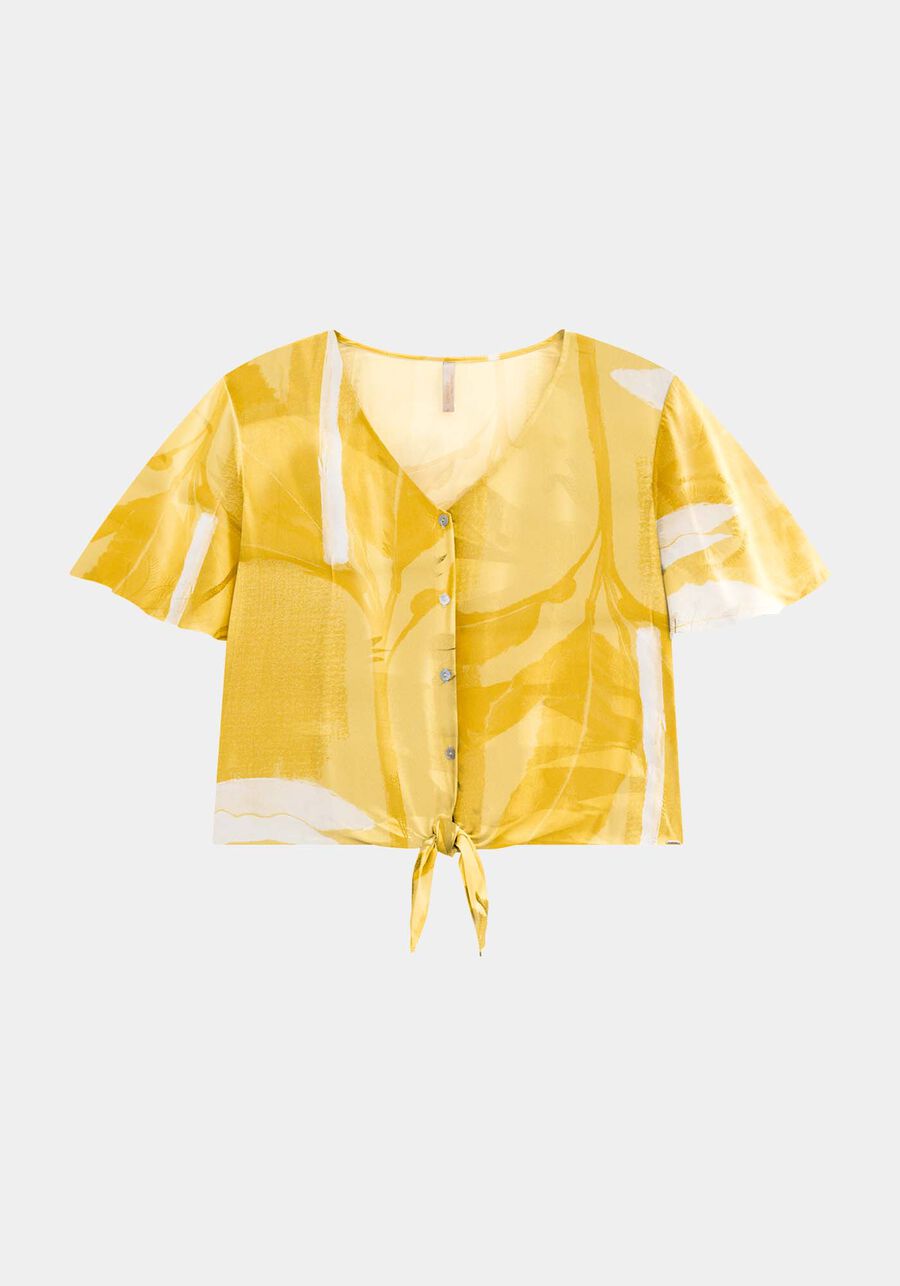 Camisa Estampada com Amarração Plus Size, AMARELO SOLE, large.