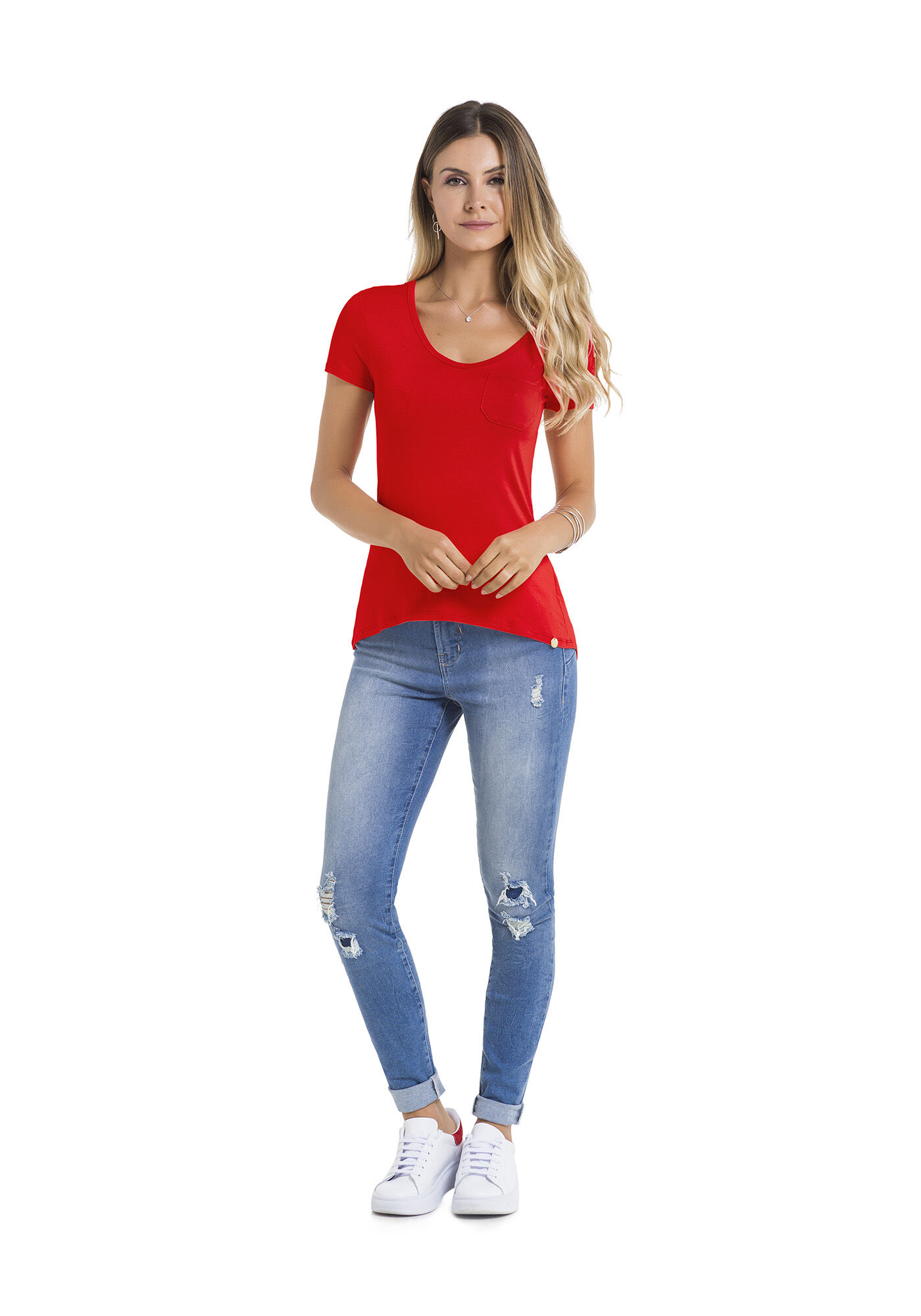 Blusa B&aacute;sica em Malha Viscose com Bolso, , large.