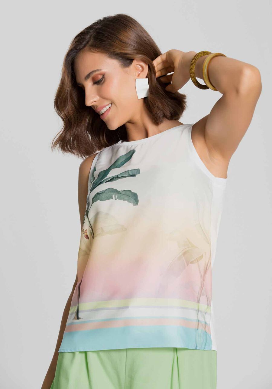 Regata Crepe e Viscose Estampada, AMARELO OSTRA. Regata Crepe e Viscose Estampada, AMARELO OSTRA, large.